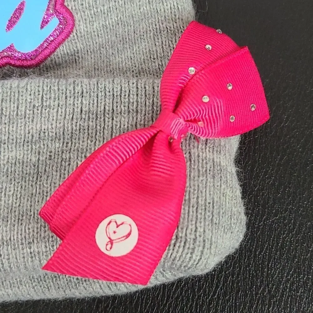 JoJo Siwa Beanie Girls Gray Rainbow Pom Pink Bow Glitter Nickelodeon Y2K Hat